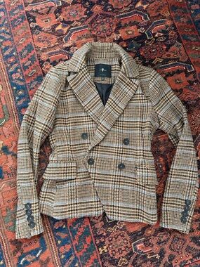 7 For All Mankind Brown & Black Plaid Double-Breasted Blazer